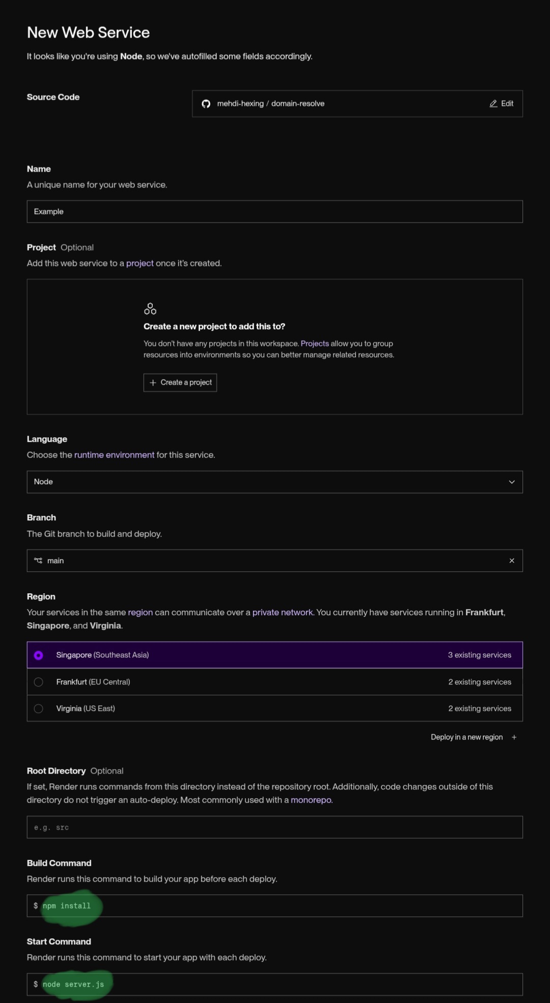 The New Web Service screen on Render with Build/Start Command filled in