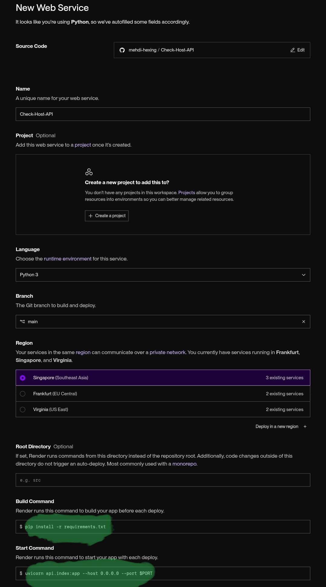New Web Service page on Render with Build/Start Command filled in