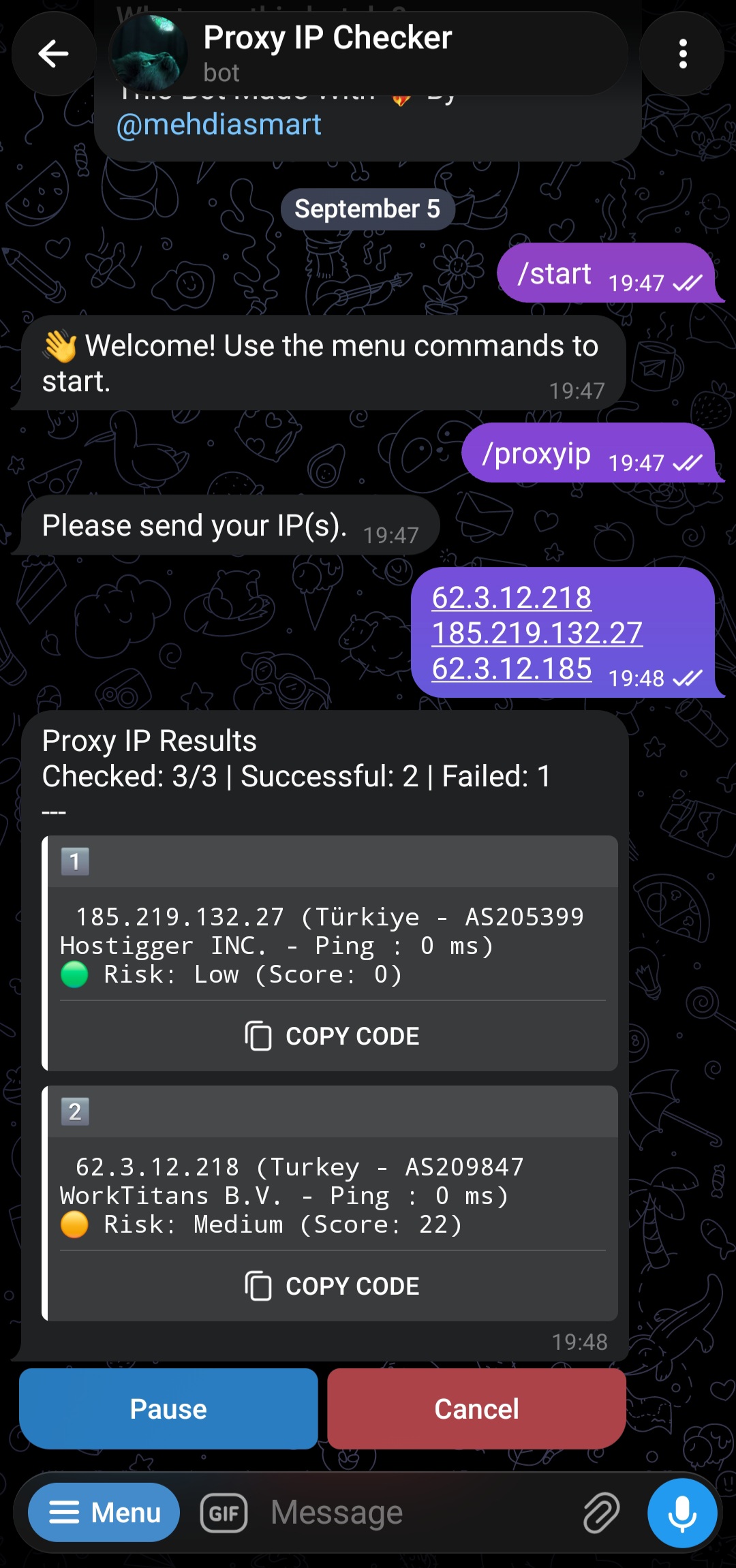 Result of /proxyip for a single IP, with Pause/Cancel buttons