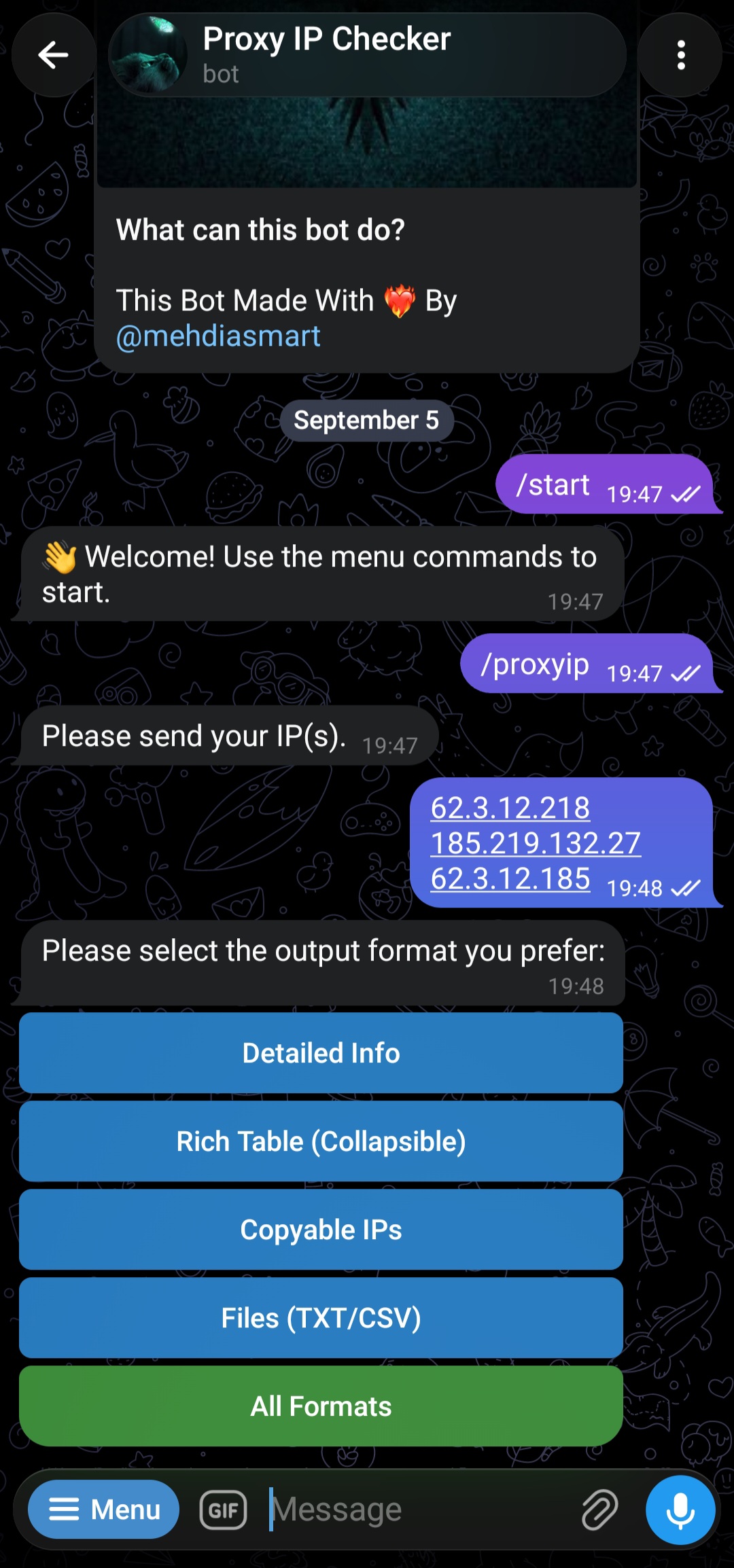 Output format selection menu