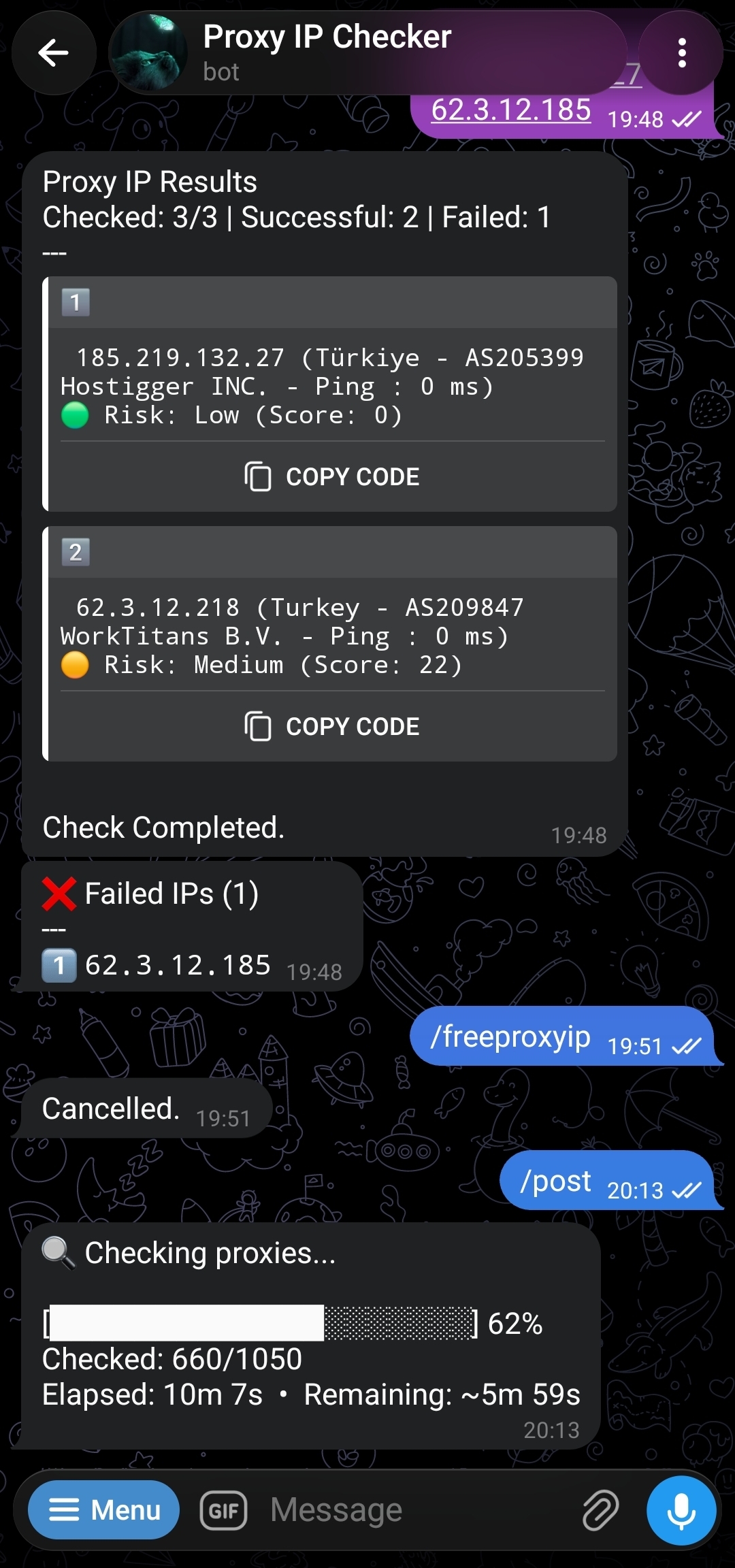 The bot while /post is running — the live progress bar, before the final result gets posted to the channel/group