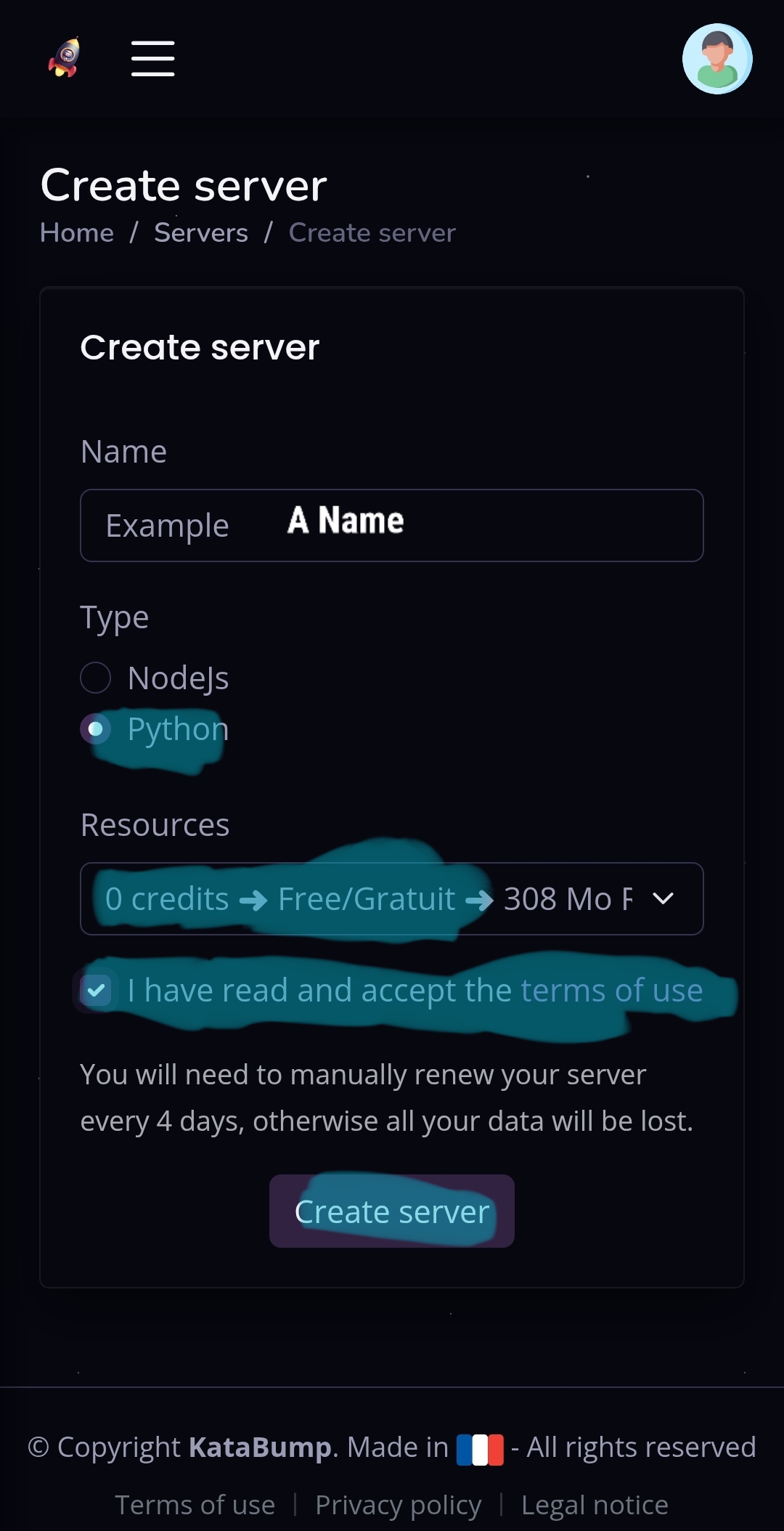 Selecting the free server plan