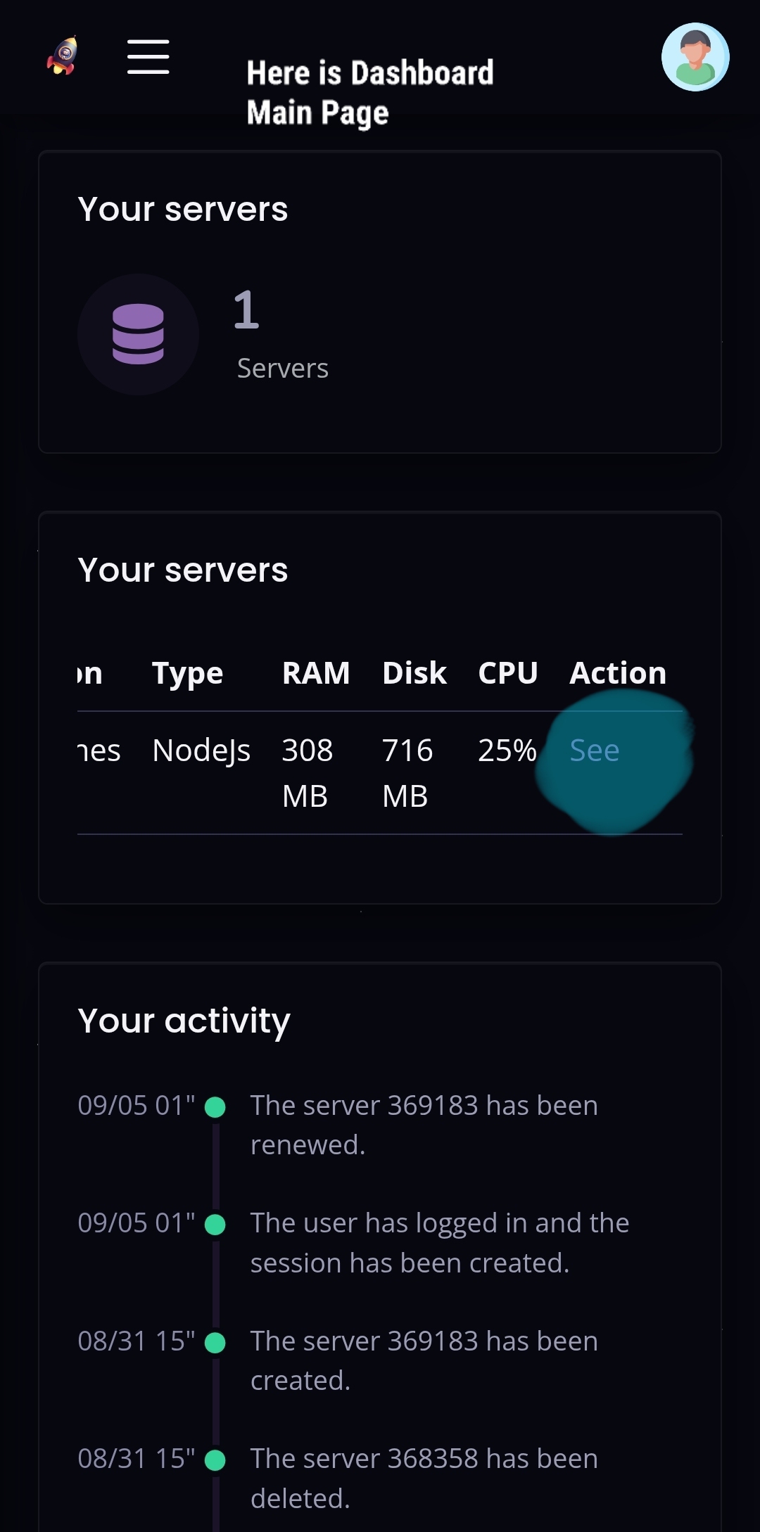 Entering the management panel of the created server